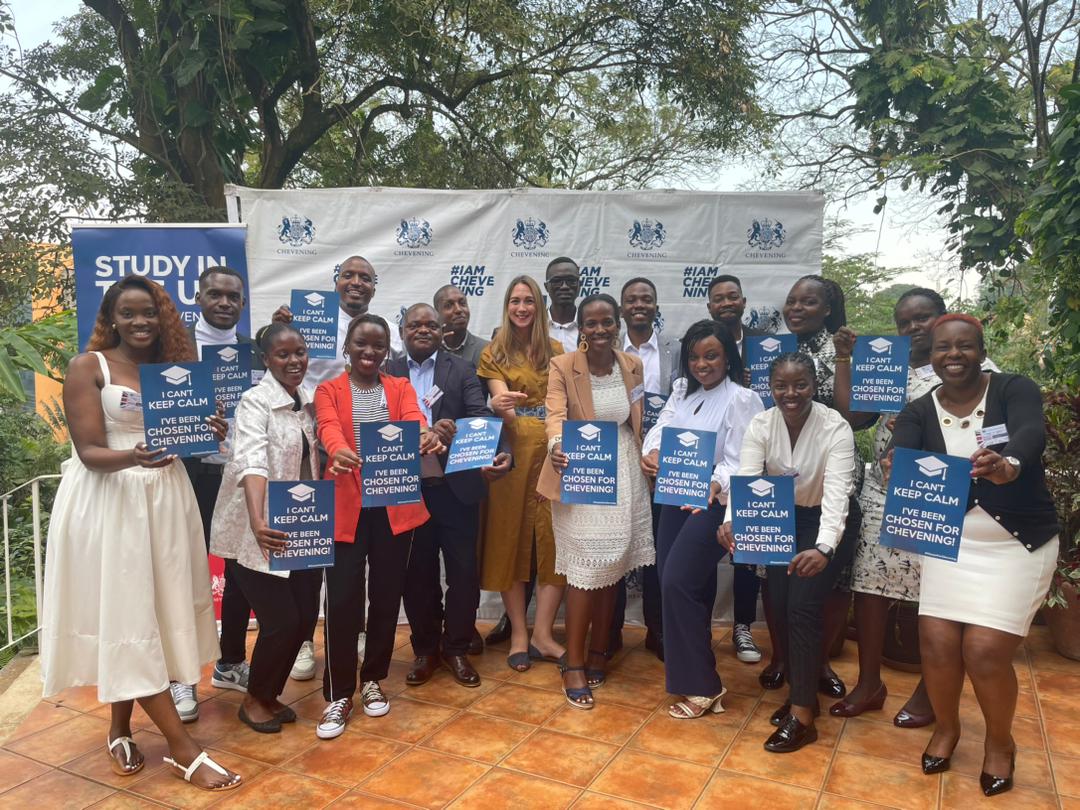 Deputy British High Commissioner Tiffany Kirlew with 20 Ugandan scholars bound for the UK under the Chevening Scholarship program